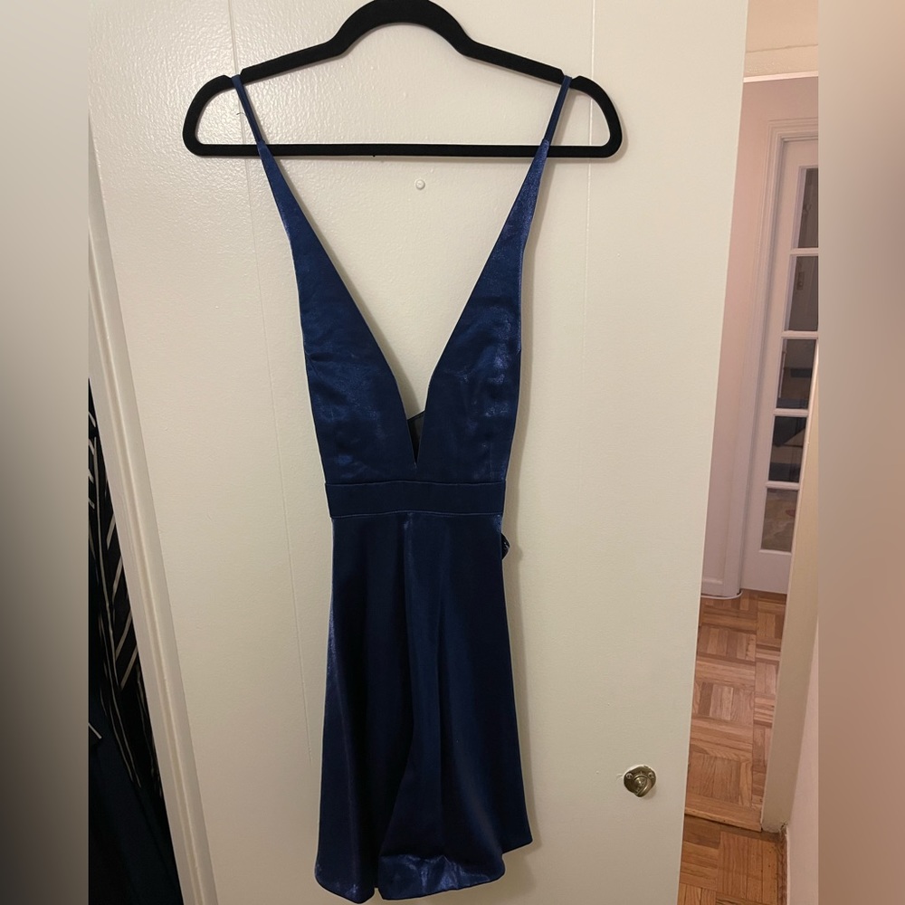 Lulus Blue Silky Crossback Deep V Dress, Size M